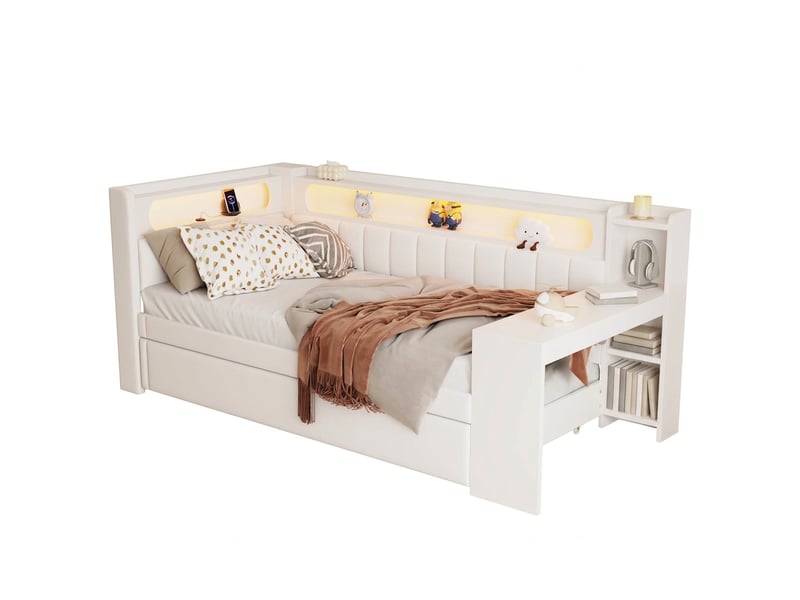 Lit banquette 90x200 avec bureau et lit gigogne, ports usb et led, lit capitonné blanc - Conforama A