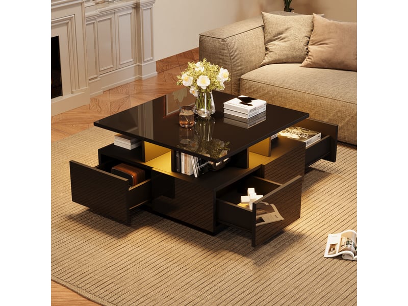  Table basse carrée noire avec led 4 tiroirs 70x70x40 cm - haute brillance 3 niveaux  - Conforama E
