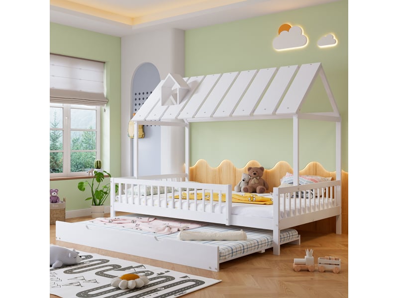  Lit cabane enfant 120x200 cm avec lit gigogne 120x190 cm, toit et garde-corps, lit maison avec sommier à lattes, pin et mdf, blanc  - Conforama B