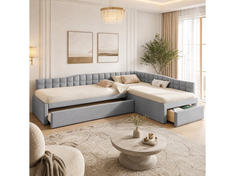 Lit d'angle rembourré 90x200 cm avec lit gigogne, tiroirs et velours gris - Conforama B