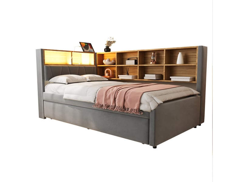 Lit gigogne 90x200 cm 2 en 1 avec 10 niches et led, flanelle, gris foncé, sans matelas - Conforama A