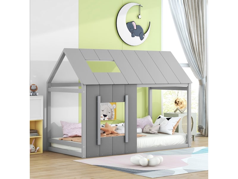  Lit enfant 90 x 200 cm, gris, design maison avec toit et fenêtre, cadre en pin et mdf  - Conforama D