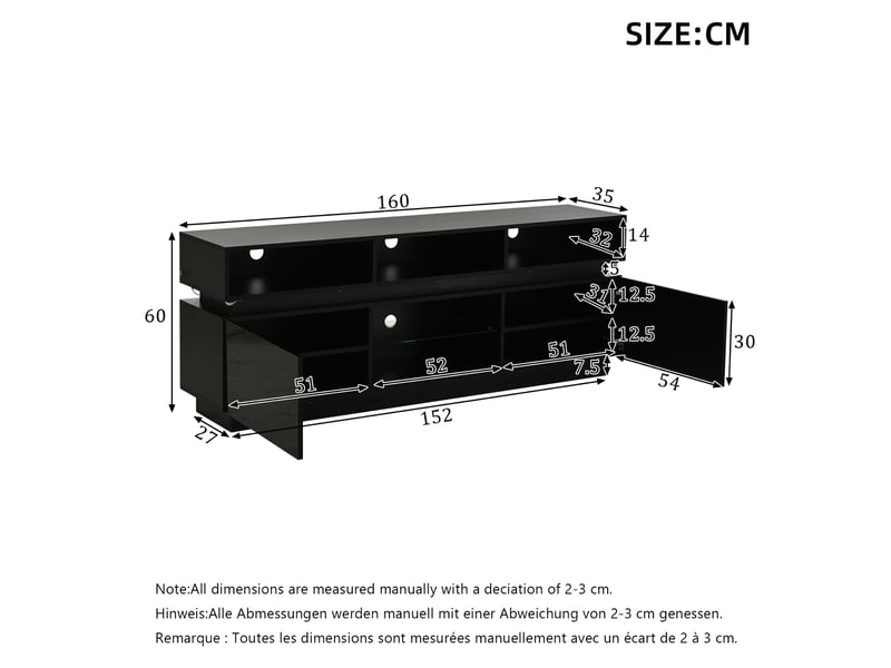 Meuble tv bas modenvie avec led 160 x 35 x 60 cm mdf et verre noir - Conforama C