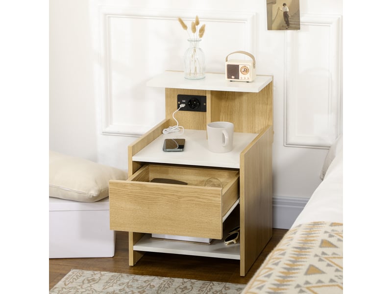  Table de chevet moderne avec 2 prises électriques, 2 ports usb et tiroir en aggloméré, 40 x 40 x 60 cm, couleur bois  - Conforama C