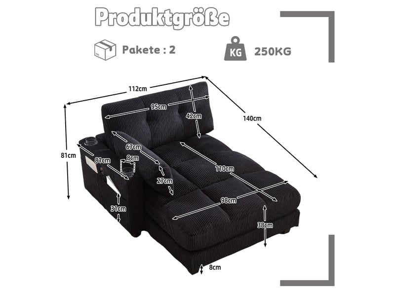  Canapé en velours côtelé noir avec accoudoirs réversibles et coussins réglables pour la tête  - Conforama C
