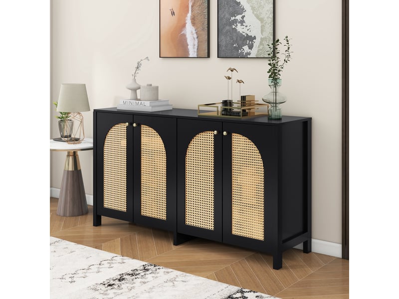  Buffet 4 portes en rotin synthétique 145 cm, poignées métal, noir Fay Lum - Conforama D
