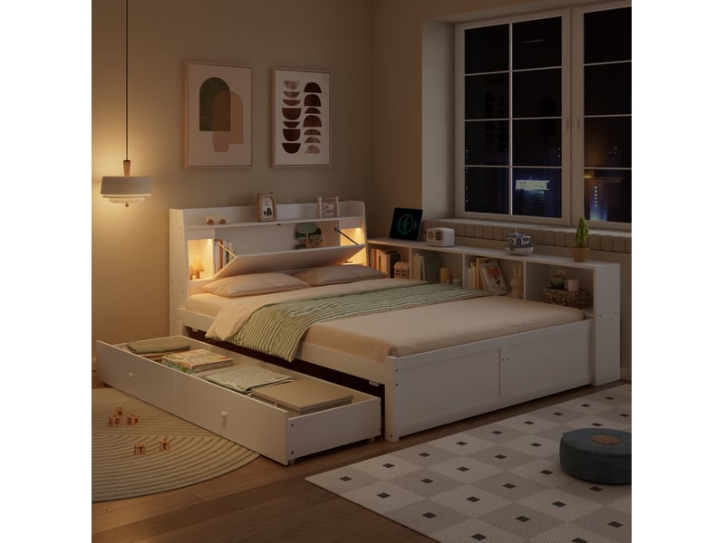  Lit double 140 x 200 cm blanc avec rangements, 2 lumières et prise de recharge  - Conforama D