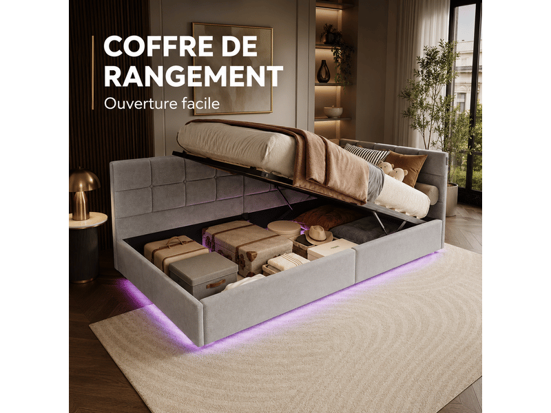 Lit coffre enfant 90x200 cm - éclairage led rgb et charge usb et type c - rangement hydraulique - canapé lit une place 1 personne - Conforama D