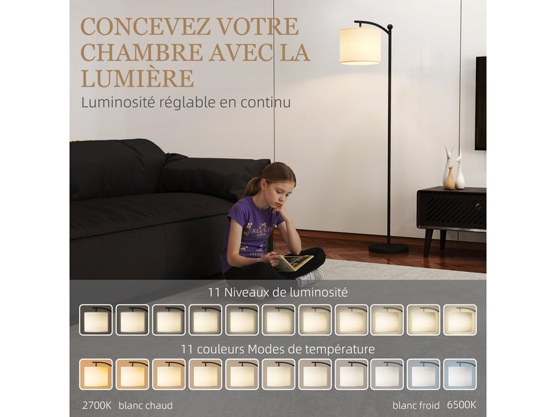  Lampadaire dimmable 2 températures de couleur avec télécommande, minuterie de 60 minutes, noir, 160 cm  - Conforama A