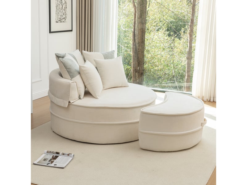  Fauteuil avec pouf rond avec 5 coussins, assise profonde et sans montage, en chenille et mousse beige, 121 × 107 cm  - Conforama B