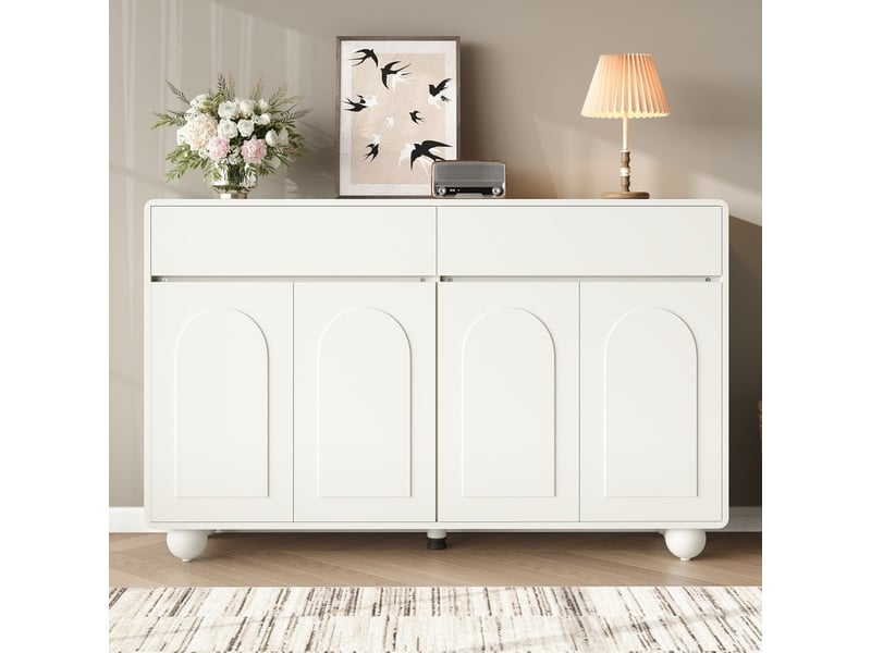 Buffet de salon à portes incurvées, meuble de rangement moderne en aggloméré et mdf, pieds ronds en métal, blanc - Conforama D