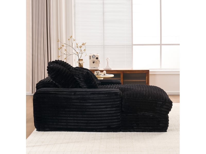 Méridienne convertible noire en velours côtelé avec 4 coussins amovibles, confort pour le salon au quotidien - Conforama E