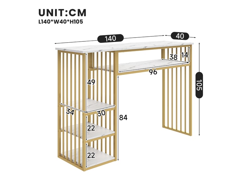 Table de bar,140x40x105 cm,avec rangement,mdf,effet marbre blanc et doré - Conforama C
