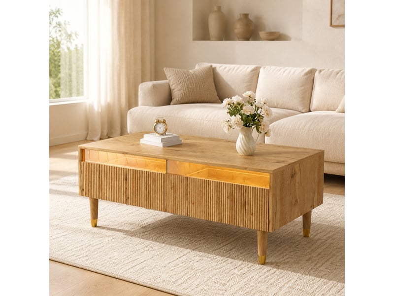 Table basse 110x50x40 cm avec 2 tiroirs et éclairage led, finition bois - Conforama C