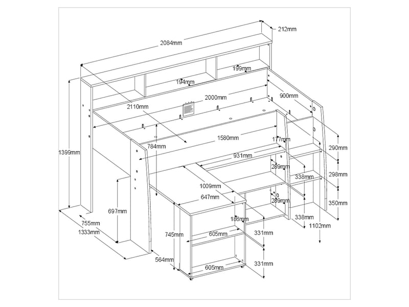  Lit mezzanine enfant 90x200 bois avec bureau escamotable et rangements - terre de nuit  - Conforama D
