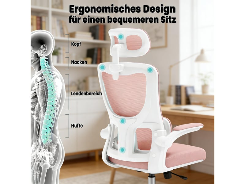 Fauteuil de bureau ergonomique rose avec accoudoirs rabattables, support lombaire et maille respirante, 150 kg - Conforama E