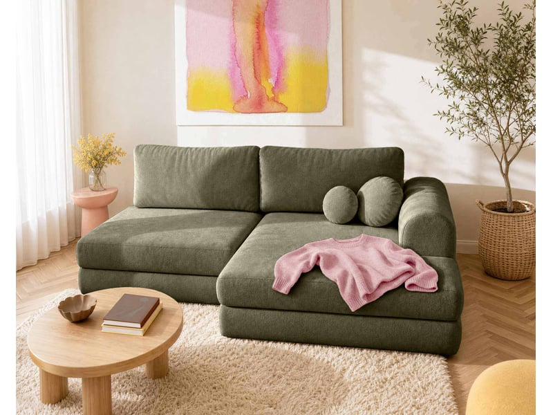  April - canapé d'angle droit 4 places convertible avec coffre en velours texturé - best mobilier - vert kaki APRIL - Conforama B