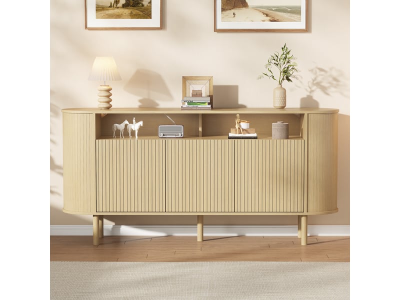  Buffet 160 cm meuble de rangement 3 portes avec étagères ouvertes - pieds en bois massif 75kg  - Conforama B