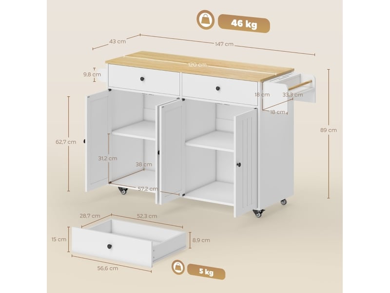  Îlot de cuisine mobile 147x43x89 cm 2 tiroirs 2 placards porte-serviettes porte-couteaux mdf blanc  - Conforama E