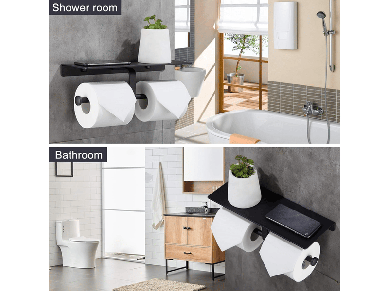  Porte-papier toilette, sans perçage, avec support pour téléphone, support mural double, pour salle de bain (noir, 1 pièce)  - Conforama E