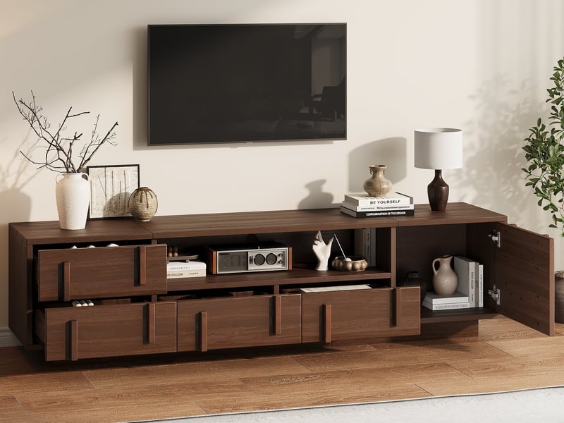  Meuble tv, 180 x 40 x 45 cm, meuble bas sur pieds avec 4 tiroirs, 1 compartiment fermé et 2 étagères ouvertes, finition noyer  - Conforama B
