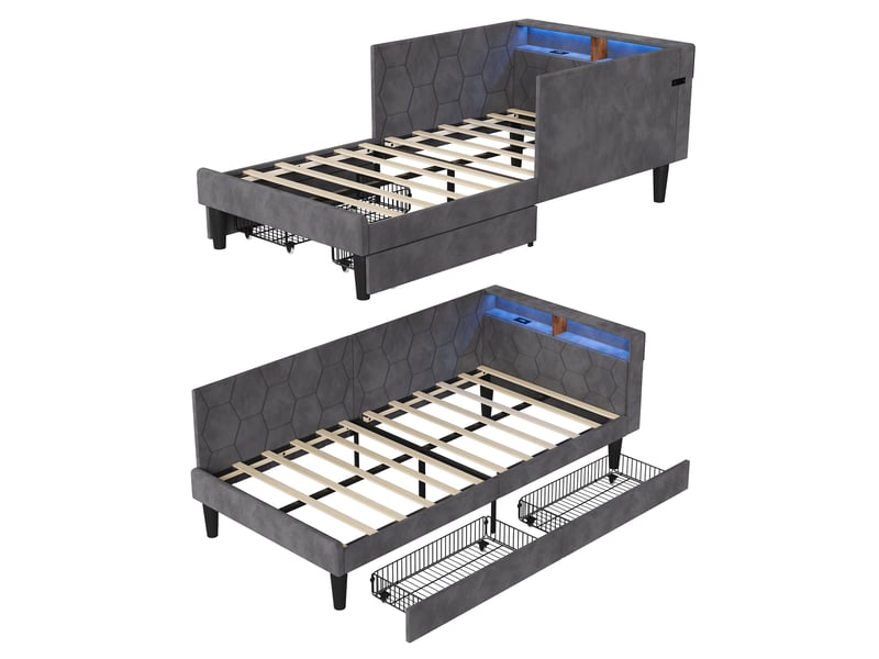  Lit banquette 90x200 cm avec led rgb et usb chargeur, canapé-lit rembourré avec rangement et tête de lit capitonnée lit ado avec tiroirs et cadre de lit à lattes gris velours, sans matelas  - Conforama A
