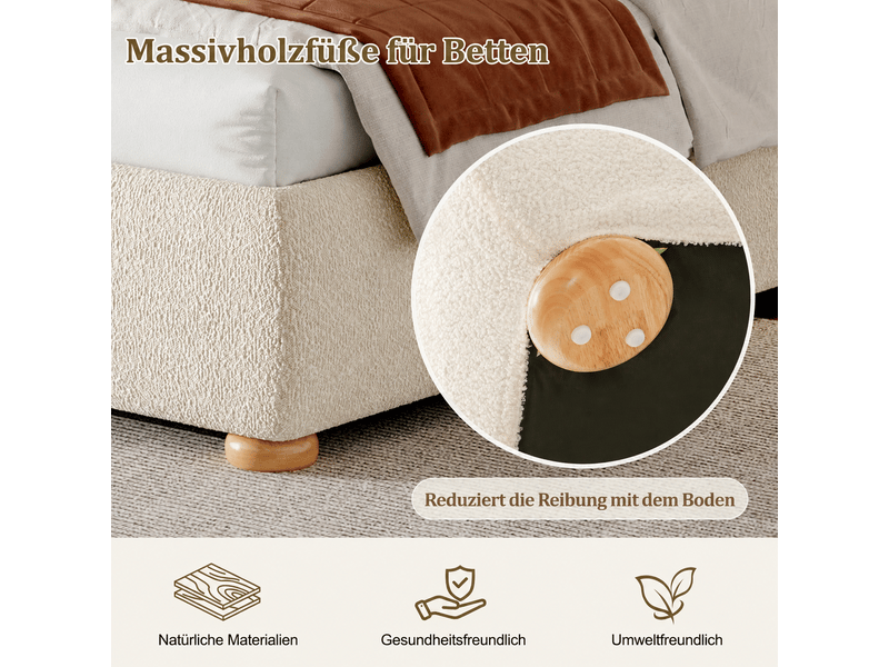 Lit coffre 140x200 cm beige, tissu bouclé, sommier relevable hydraulique, tête de lit rembourrée, pieds en bois massif, sommier à lattes inclus - Conforama D