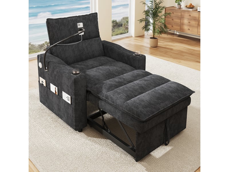 Fauteuil convertible 3-en-1 94x147x91 cm, chauffeuse et canapé-lit, fonction convertible, dossier réglable, ports usb et type-c, chenille gris CozyNest - Conforama B