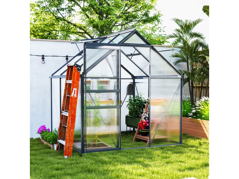  Serre en polycarbonate et aluminium avec porte à charnières et fenêtre de toit, 3,6 m², grise  - Conforama D