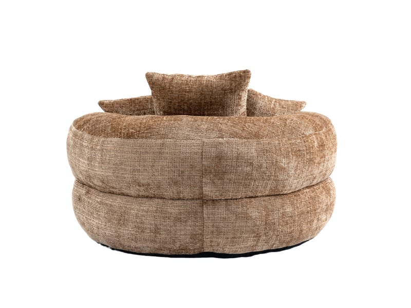 Fauteuil pouf rond fixe en tissu café avec 3 coussins, assise moelleuse pour votre espace détente intérieur - Conforama D