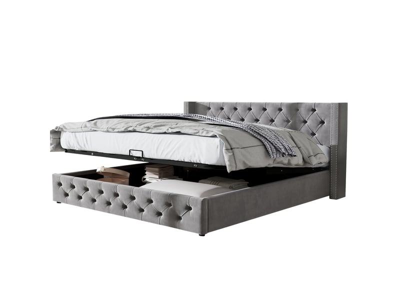 Lit coffre capitonnés 180x200 cm en velours gris, tête à oreilles et pied de lit , double rangée de rivets, coffre hydraulique, sommier à lattes Morn Vibe - Conforama A