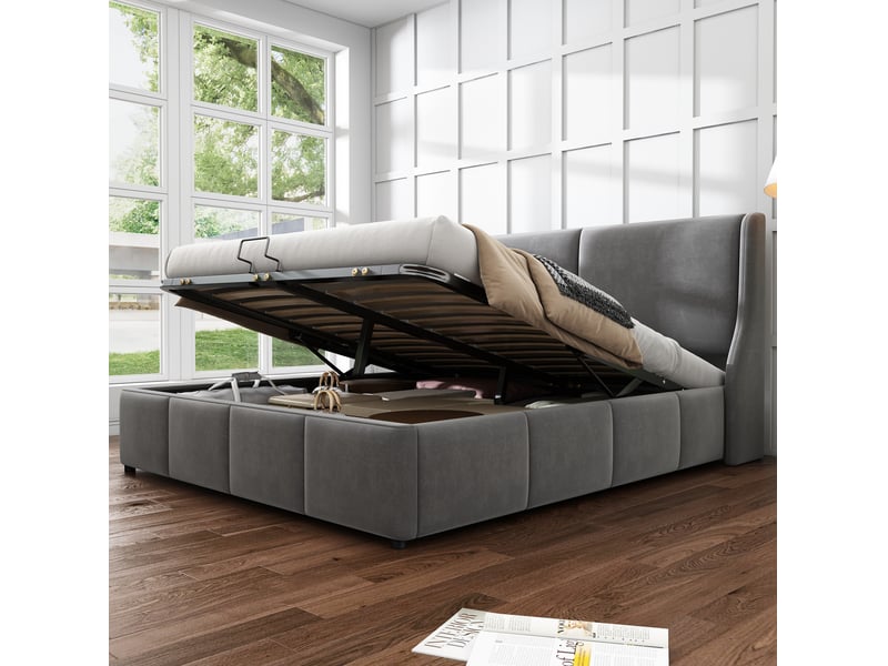 Lit coffre tcqpz 140 x 200 cm gris en velours avec sommier hydraulique et espace de rangement  - Conforama D