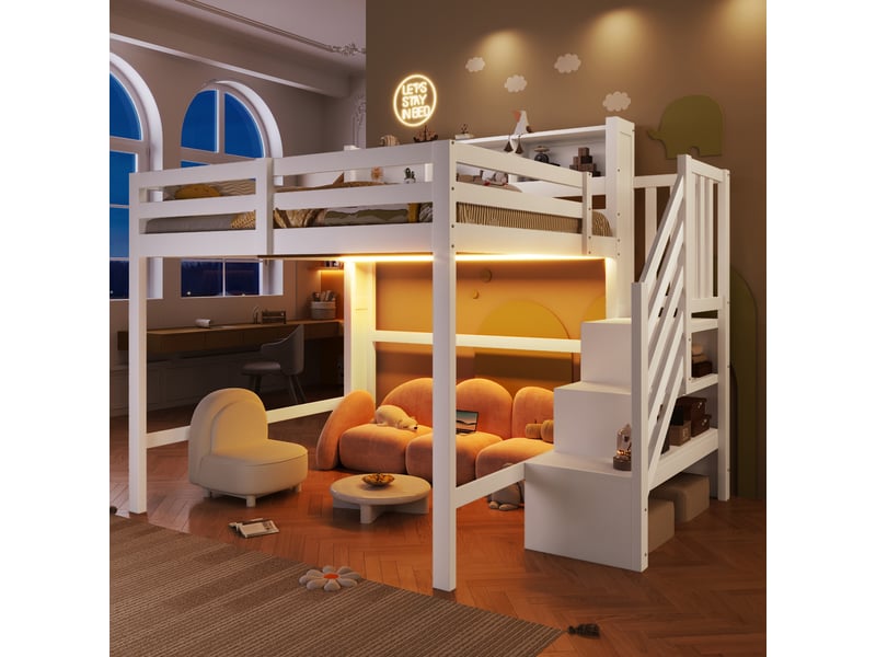  Lit mezzanine enfant 140x200 cm blanc avec éclairage led, rangement et escalier, structure en pin et mdf  - Conforama R