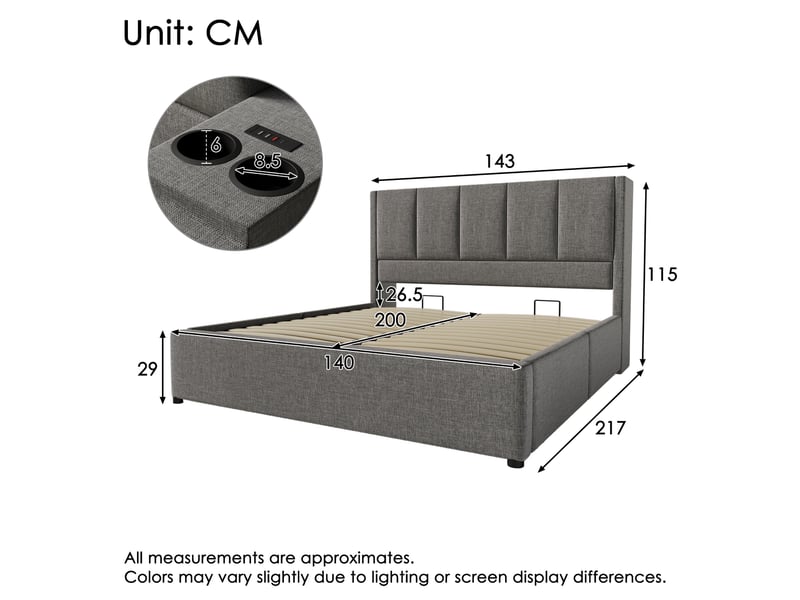  Lit coffre rembourré 140 x 200 cm, rangement hydraulique, porte-gobelet caché, station de recharge, sommier à lattes, lin, gris Bliss Lite - Conforama C