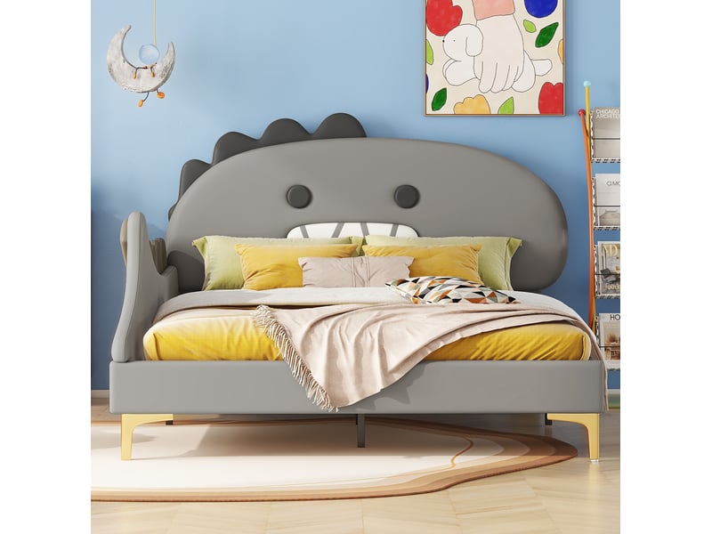 Lit enfant 140x200cm, sommier, tête de lit en forme de dinosaure incluse, lit 2 places, pu gris, sans matelas - Conforama E