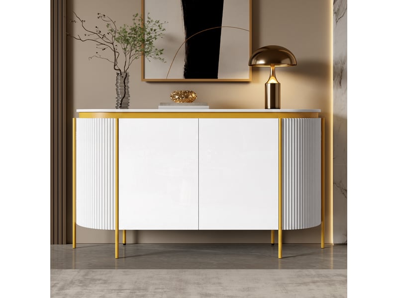  Buffet bas 140x38x80 cm avec 4 portes sans poignées mdf couleur blanc et doré, design élégant, pieds en fer, corps en  - Conforama E