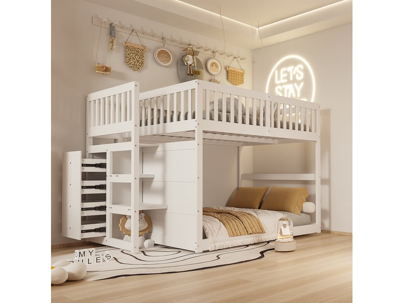 Lit superposé enfant 140 x 200 cm blanc avec escalier, 4 tiroirs et garde-corps - Conforama B