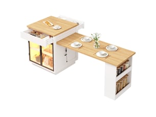 Îlot central de cuisine extensible 122-194,5x70x94 cm blanc avec led, 2 tiroirs, portes vitrées et plateau snack