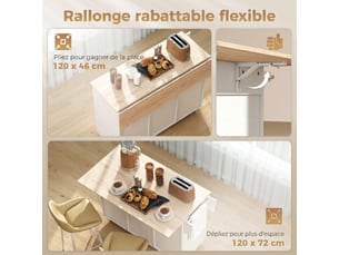 Îlot de cuisine avec plateau rabattable, chariot à roulettes 2 tiroirs, 3 portes, blanc, porte-racks et porte-serviettes
