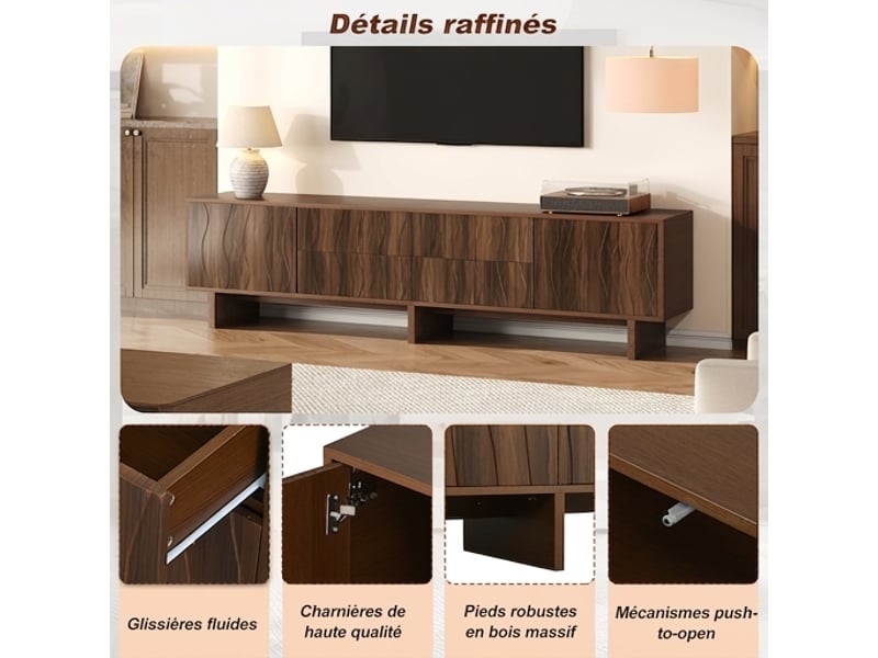  Meuble tv 180 cm noyer foncé design ondulé 4 tiroirs 2 portes pour écran 75 pouces  - Conforama D