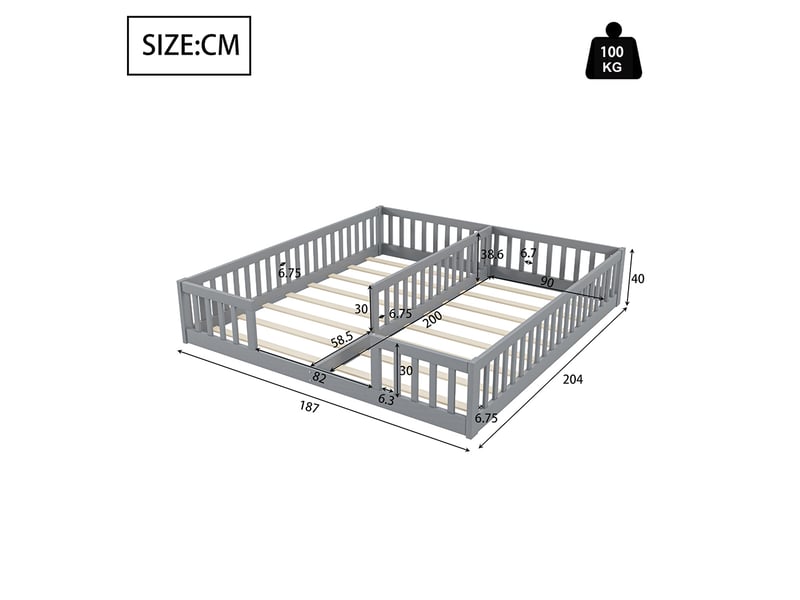  Lit enfant 2x90x200 cm - avec barrières de sécurité - sommier à lattes - bois de pin - style minimaliste - gris (sans matelas)  - Conforama C