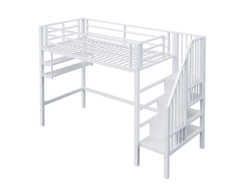  Lit mezzanine blanc 90x200 cm avec étagères, échelle rangement et garde-corps  - Conforama D
