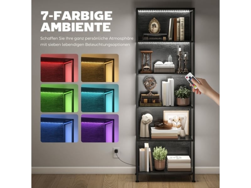  Bibliothèque noire 5 niveaux, led 7 couleurs, 60x30x179 cm, pour salon  - Conforama D
