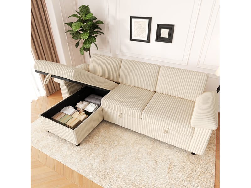 Canapé d'angle convertible 214x138,5x89 cm en velours côtelé beige - Conforama E