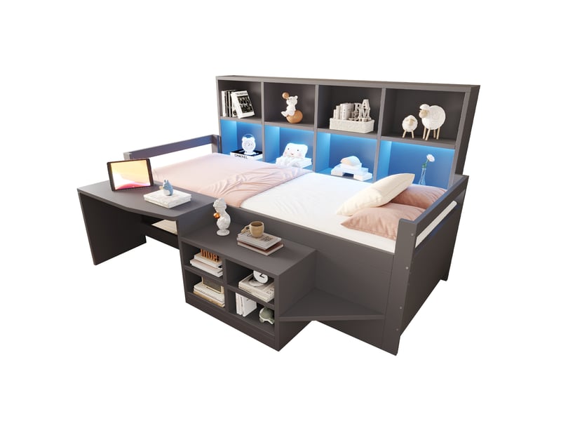  Lit pour enfant 90×200 cm, coloris gris, table avec coffres et prises, bandeau led, étagères, bois massif.  - Conforama A