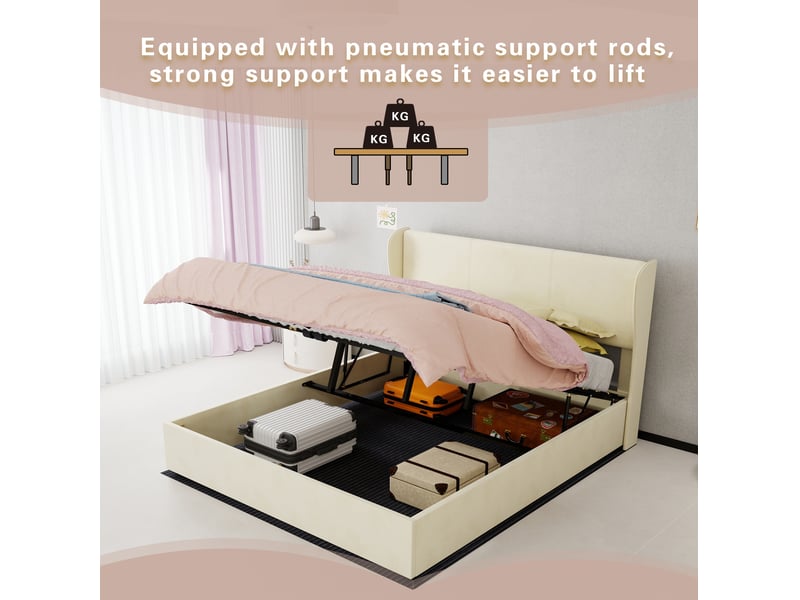  Lit coffre 2 places 160x200 cm avec tête de lit rembourrée, beige  - Conforama E
