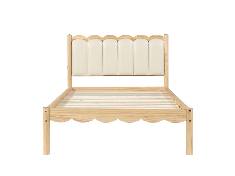  Lit simple 90 x 200 cm cadre de lit en bois massif tête de lit rembourrée en pu design ondulé élégant finition beige  - Conforama A