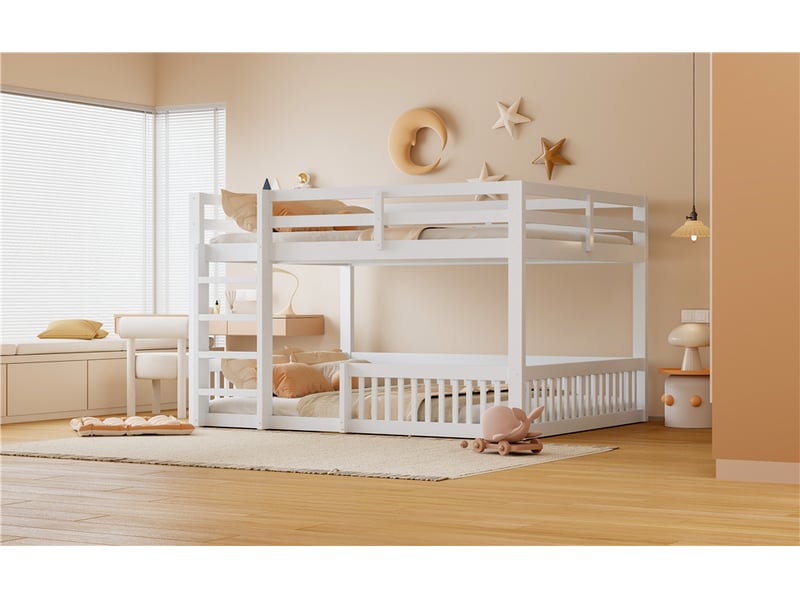  Lit superposé 2 places 160×200 cm avec barrières - okmyhome- en pin et mdf blanc, sans matelas  - Conforama E