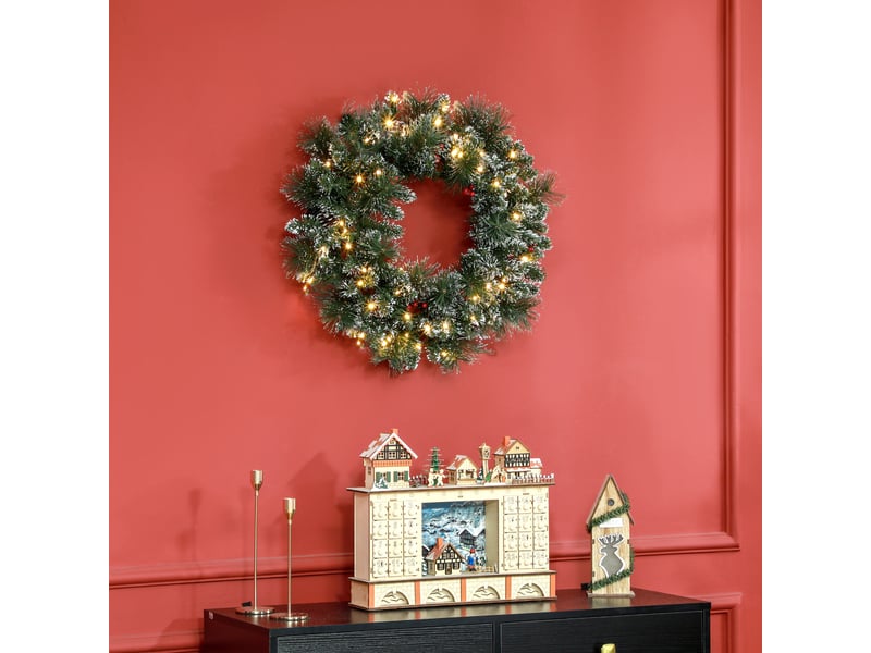  Couronne de noël porte artificielle 60 cm avec pommes de pin et grappes de baies, lumières led et minuterie vert  - Conforama D