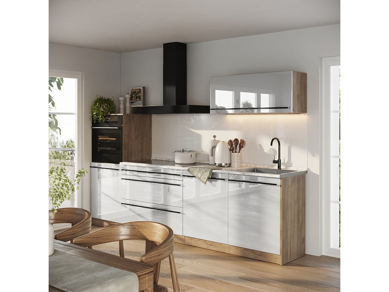 Vicco cuisine, blanc haute brillancechêne doré, 280cm plan de travail chêne doré - Conforama C